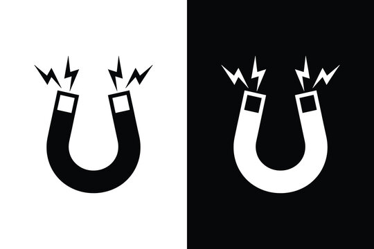 Minimal horseshoe magnet icon with electric spark elements