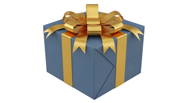Blue gift box with gold ribbon and bow isolated on a transparent background present