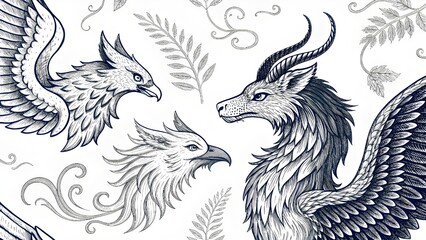 Mythical Creature Sketches With Griffins and Phoenix Birds Seamless Antique Fantasy Pattern