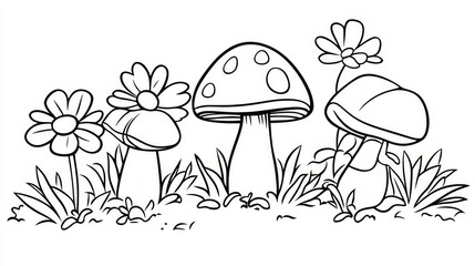 Naklejka premium Charming Daisy Field Coloring Page Featuring Hand-Drawn Mushrooms and Vibrant Flowers for Kids