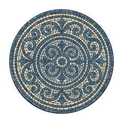 Mosaic pattern tile circle with greek and roman ornament. Circular round plate for decor and design. Classic blue tones vector illustration for interiors or flooring.