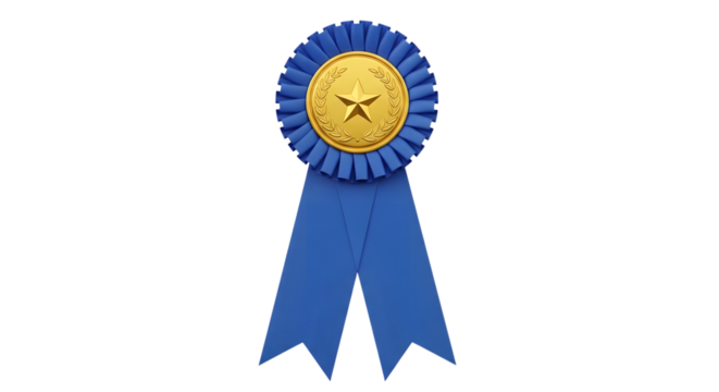 Blue rosette award ribbon with gold star and laurel wreath emblem isolated on a transparent background
