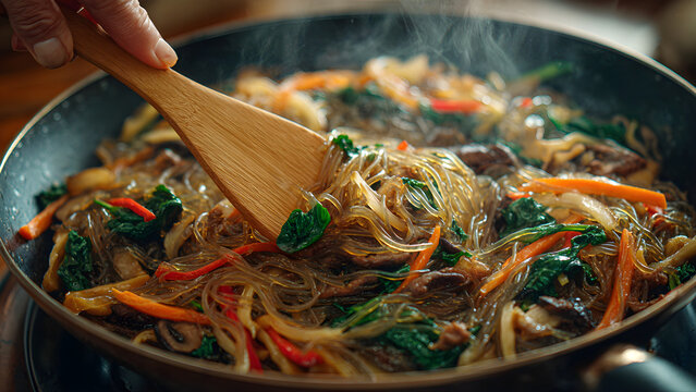 
A realistic close-up of Korean japchae (glass noodles stir-fried with vegetables and beef) cooking in a frying pan. A wooden spatula is held by the hand of a 60-year-old Korean housewife, her hand an
