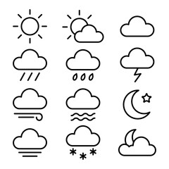 
An illustration depicting weather icons, rain, wind, etc., on a white background.