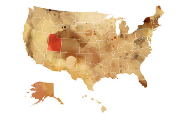 Political divisions of the USA. Watercolor map on white background with accent on state Utah in contrast red color