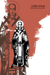 Religious vintage poster template with Saint Nicholas of Myra. Christian illustration in Byzantine style