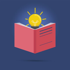 A creative vector illustration of an open book with a glowing light bulb emerging from its pages, symbolizing knowledge, learning, creativity, and inspiration