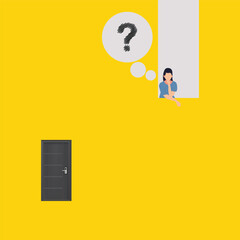 Vector illustration featuring a thoughtful woman leaning out of a window with a scribbled question mark inside a thought bubble, positioned above a closed black door on a bright yellow background