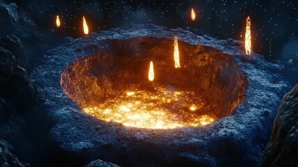An otherworldly crater illuminated by glowing preservation symbols beneath a meteor shower.
