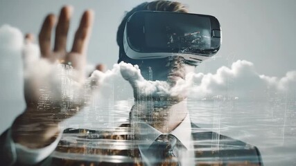 A businessman wearing a virtual reality headset interacts with an immersive digital cityscape. An artistic double exposure effect blends a professional in a suit with skyscrapers, clouds, and water, v - Powered by Adobe