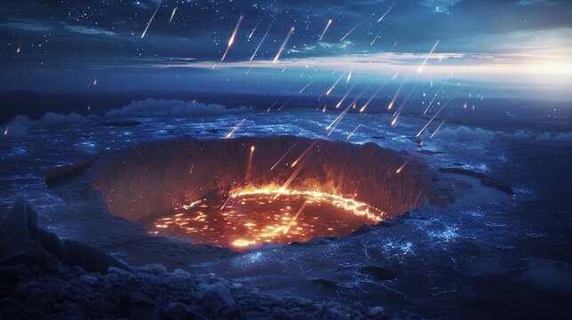 An otherworldly crater illuminated by glowing preservation symbols beneath a meteor shower.
