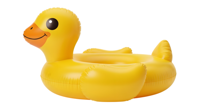 Bright yellow inflatable duck pool float with orange beak and black eye isolated on a transparent background