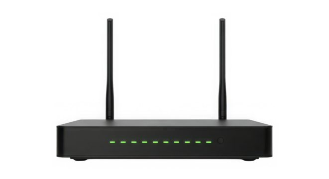 Black wireless router with two antennas isolated on transparent background provides internet access at home or in the office