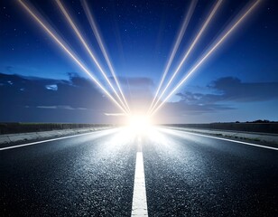 Asphalt road leading towards bright light beams against a starry sky