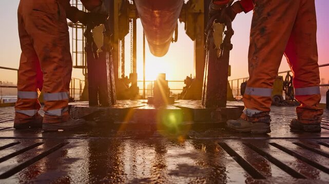 Two workers in bright orange uniforms stand on a platform during sunset, showcasing their dedication to their tasks. The sunset provides a warm, yellow light reflecting off the pla