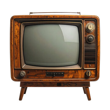 A vintage wooden console television set isolated on a black background.