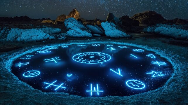An otherworldly crater illuminated by glowing preservation symbols beneath a meteor shower.
