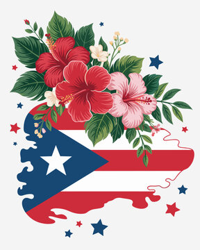 Artistic Puerto Rico map with tropical hibiscus flowers and vibrant patriotic colors