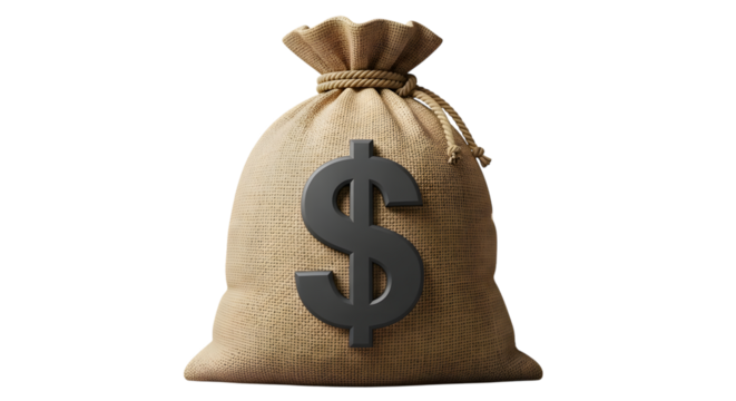 Burlap money bag with large dark gray dollar sign symbol isolated on a transparent background sack currency 1