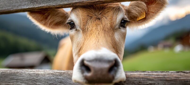 Beautiful Simmental Cattle Grazing Peacefully in Lush Green Mountain Pasture with Rustic Fence View