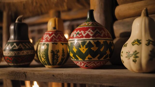 Assortment of Hand-Painted Gourds on a Wooden Shelf patterns folk