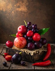 Assorted fresh fruit arrangement on a weathered wooden surface