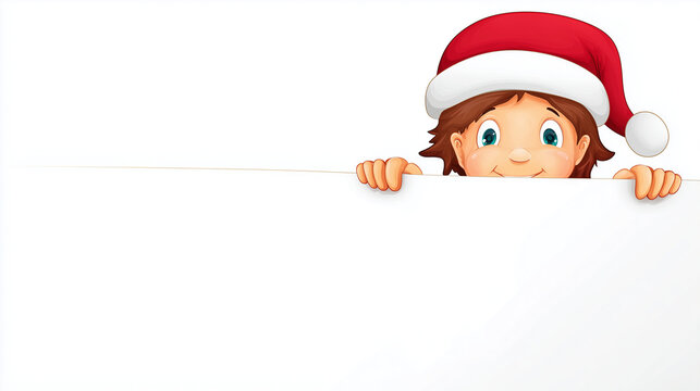 Crian&ccedil;a usando gorro de Natal espiando por tr&aacute;s de placa branca, imagem ideal para mensagens comemorativas, an&uacute;ncios criativos e campanhas sazonais