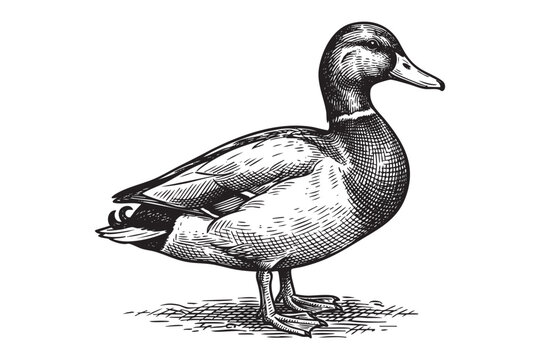 Mallard Duck Standing Waterfowl Engraving Vector Illustration