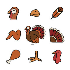 Turkey Icons Set – Thanksgiving Turkey, Feathers, Beak, Foot, Wing and Drumstick Vector Illustration