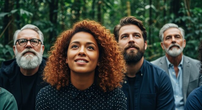 Group of diverse people looking up in a forest environment with trees in the background