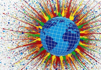 Vibrant exploding globe artwork symbolizing global energy and creativity