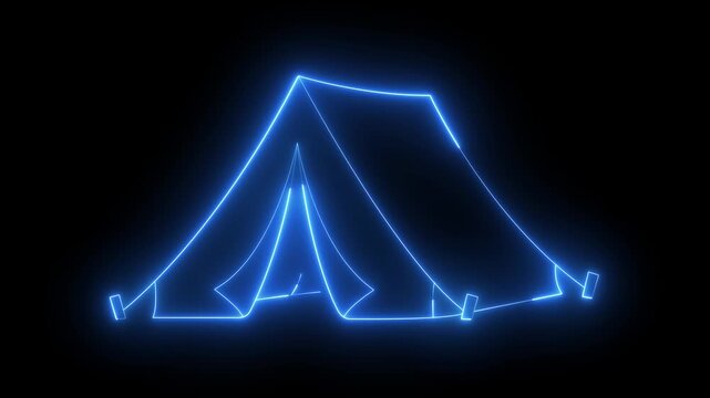 Glowing neon Tourist tent icon isolated on black background. Camping symbol. camping tent icon. Building a cozy outdoor retreat with family camping tent icon animation.
