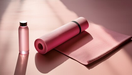 yoga mat water bottle and towel on a pastel pink surface lit by sunlight