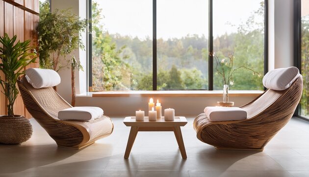 bright modern spa interior with chairs products and a large window