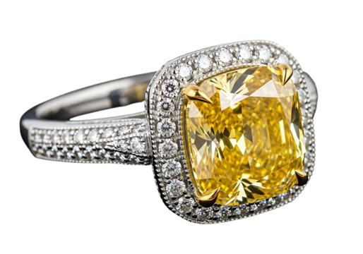 Exquisite cushion cut yellow diamond engagement ring isolated on transparent background