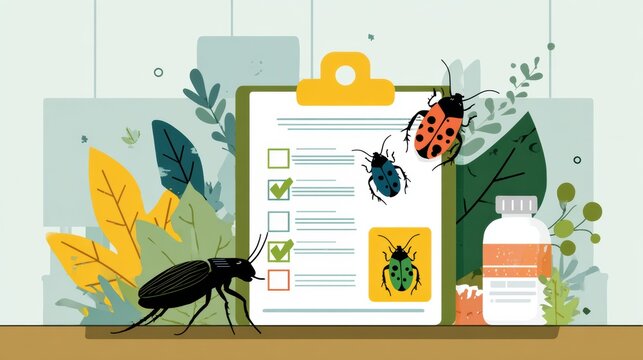 Pest Control Voucher Banner Design with Checklists and Price Tag Placeholder on Clean White Grid Background