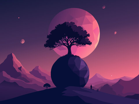 Low Poly Tree Silhouette on Cosmic Mini-World