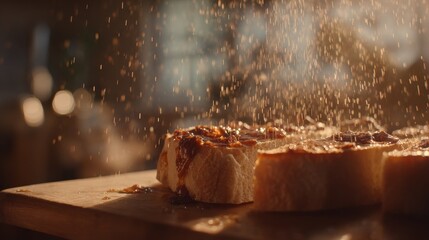 Bread Topped with Sauce and Falling Particles