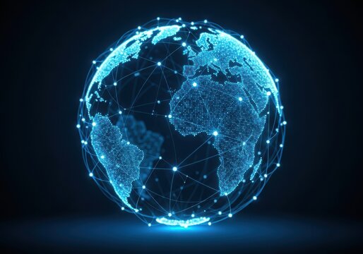 Glowing digital earth network connecting continents with bright blue light