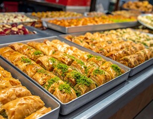 Assorted pastries and sweets displayed on trays, ready to be enjoyed