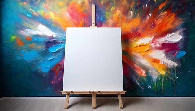 a blank white canvas on a wooden easel sits before a vibrant abstract painting in an art studio paint splatters adorn the easel s base