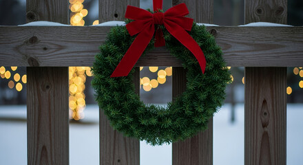 Christmas wreath with red bow hanging on wooden fence in winter  