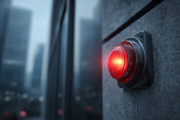 Red alarm light blinking on urban building wall providing emergency security signal