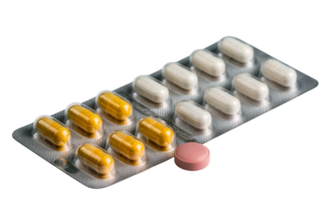 pill blister pack with tablets and capsule . Isolated on transparent background, png