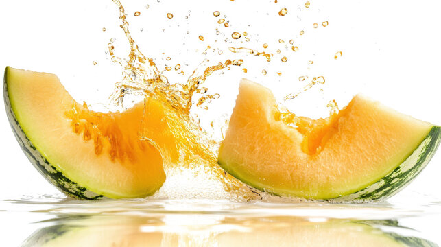 A slice of watermelon is cut in half, with juice splashing out of the fruit