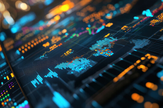 Abstract digital world map with data visualization and financial analysis. a modern data interface with a world map, perfect for business and technology concepts.