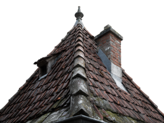 Triangular roof section with brown ceramic tiles.