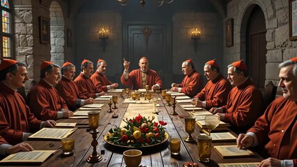 Men in red robes seated around large wooden table under candlelight in dark hall, having intense discussion. Medieval power and intrigue atmosphere - Powered by Adobe