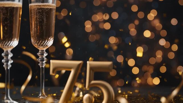 Elegant 75th anniversary celebration with sparkling champagne flutes, golden confetti, festive ribbons and bokeh lights creating a luxurious party atmosphere.