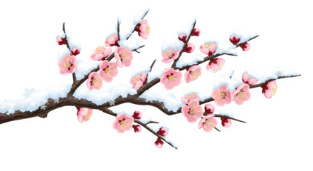 Pink plum blossoms covered in fresh snow on a branch against a black backdrop